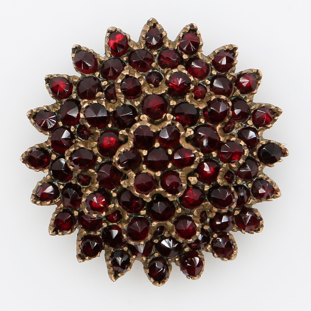 Antique Victorian Bohemian Garnet Brooch Rose Cut Garnet Gold Starburst 1890s